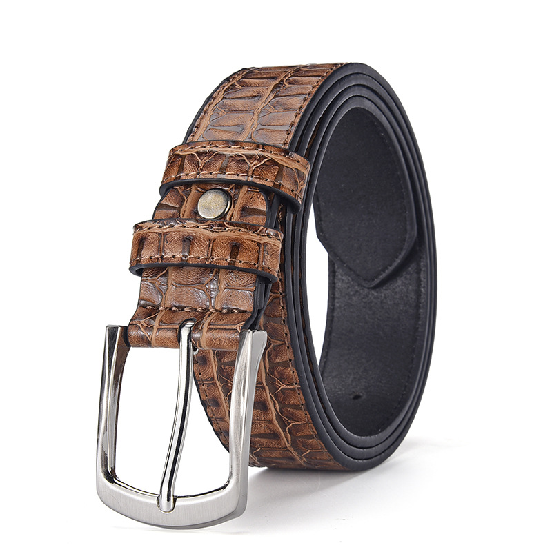 Men's Fashion Brown PU Leather Crocodile Embossed Silver Buckle Belt