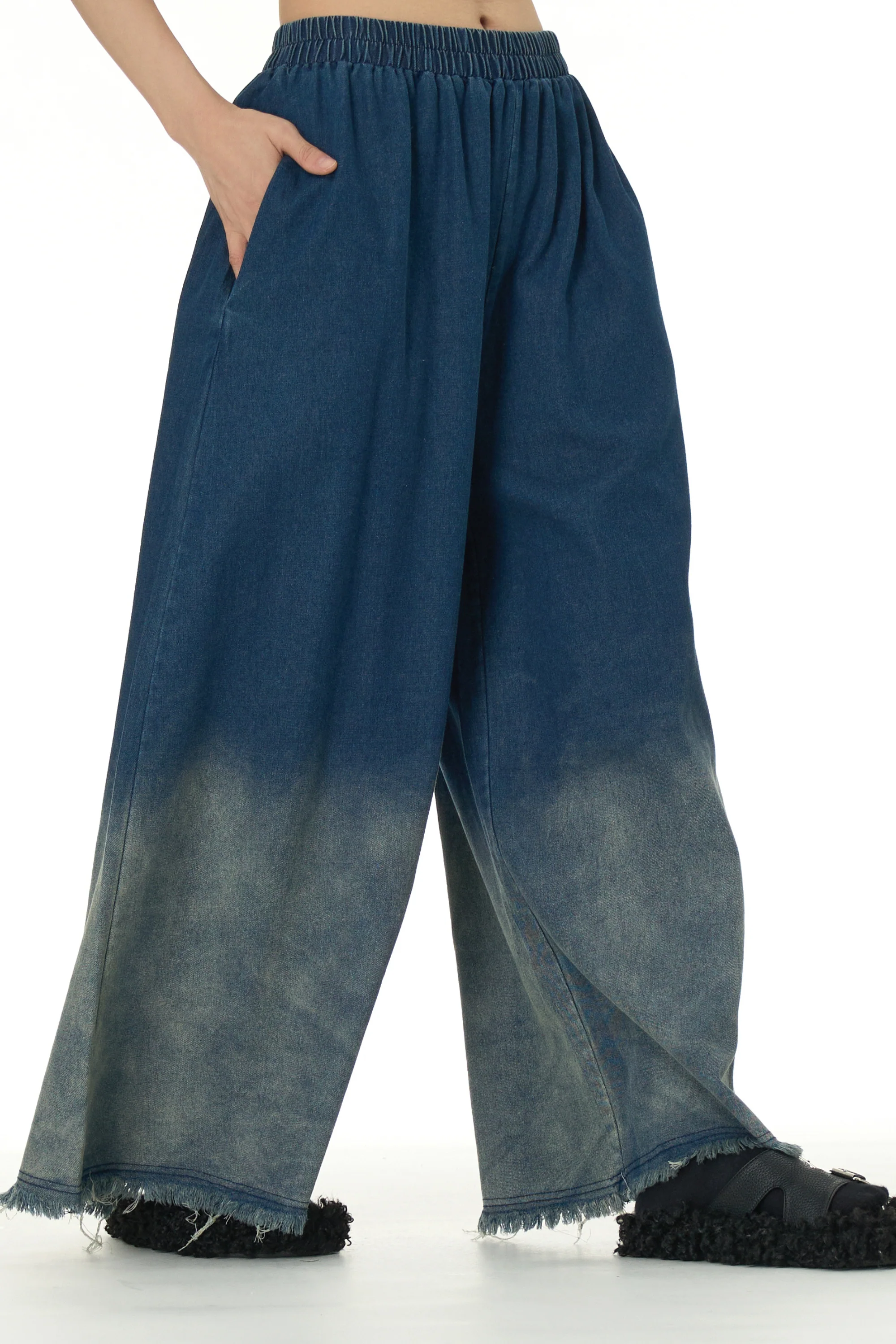 Blue Faded Wide Leg Denim Pant