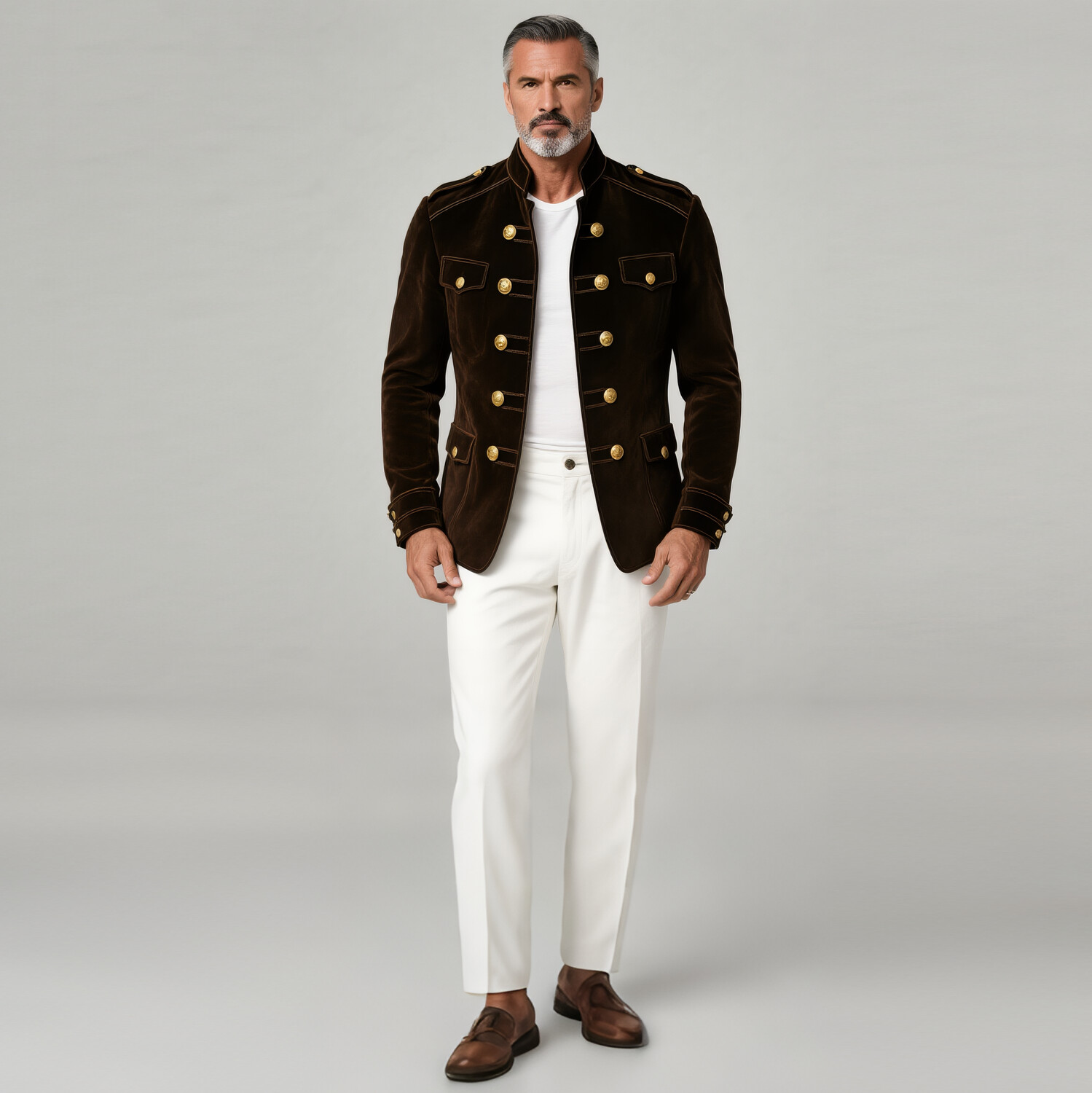 Men's Suede Stand Collar Double Breasted Pockets Long Sleeve Jakcet