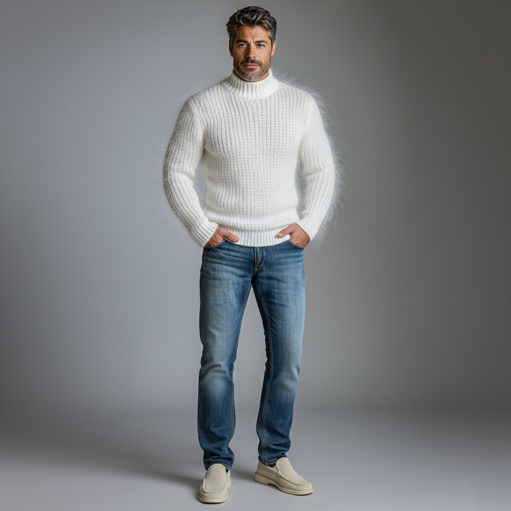 Men's White Mock Neck Long Sleeve Fuzzy Knit Sweater