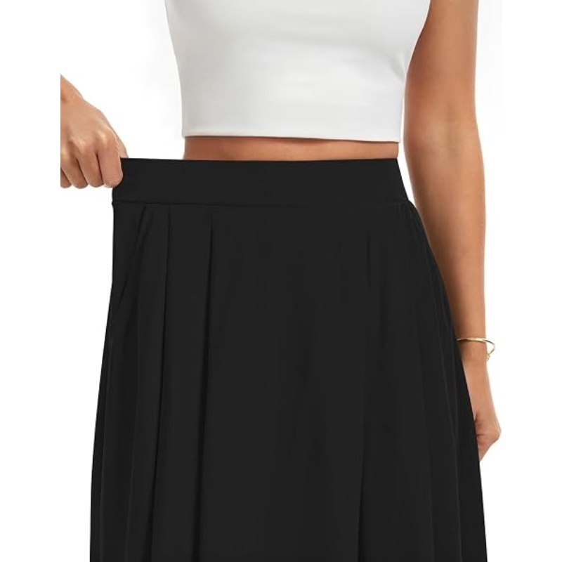 Women's Pleated High Waist A‑Line Midi Flowy Skirt with Pockets