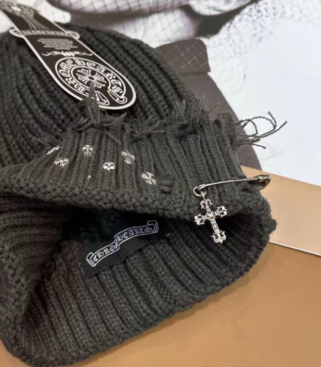 Chrome Hearts Distressed Cross Embroidered Knit Beanie with Safety Pin