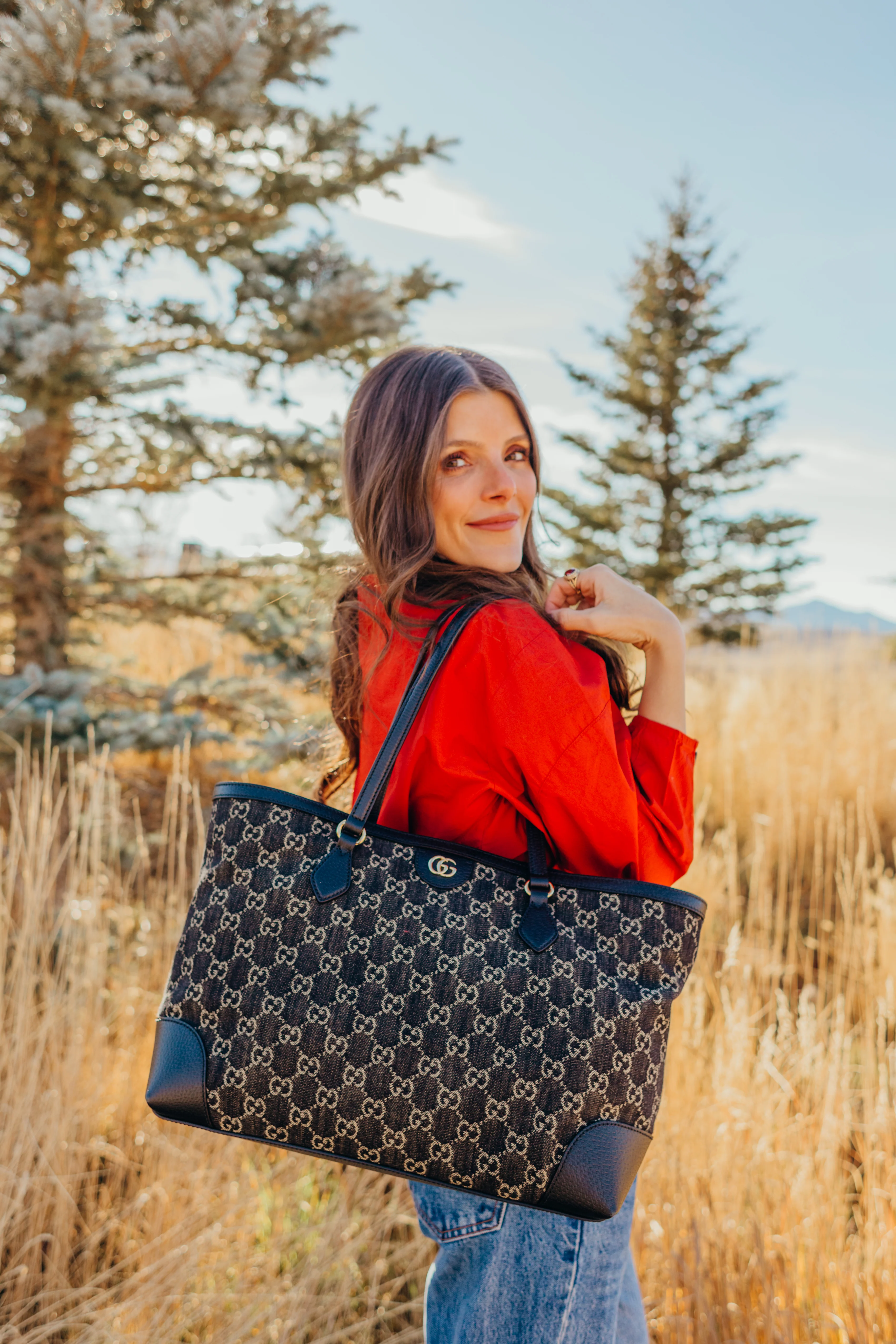 GG Jacquard Denim Ophidia Shopping Tote