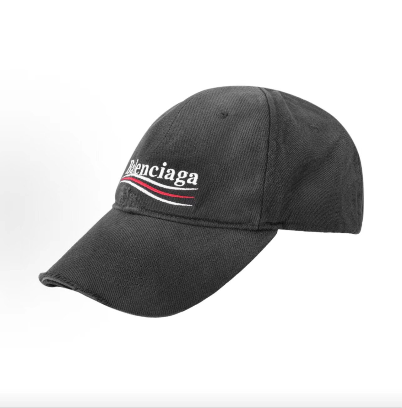 Balenciaga Three Stripe Logo Distressed Black Baseball Cap