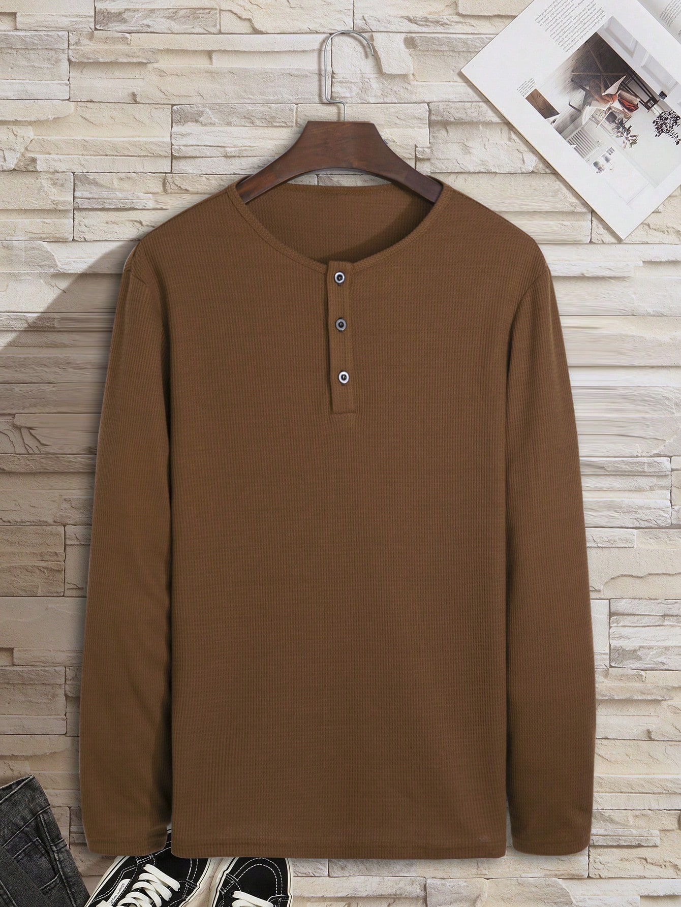 Men Half Button Waffle Knit Tee