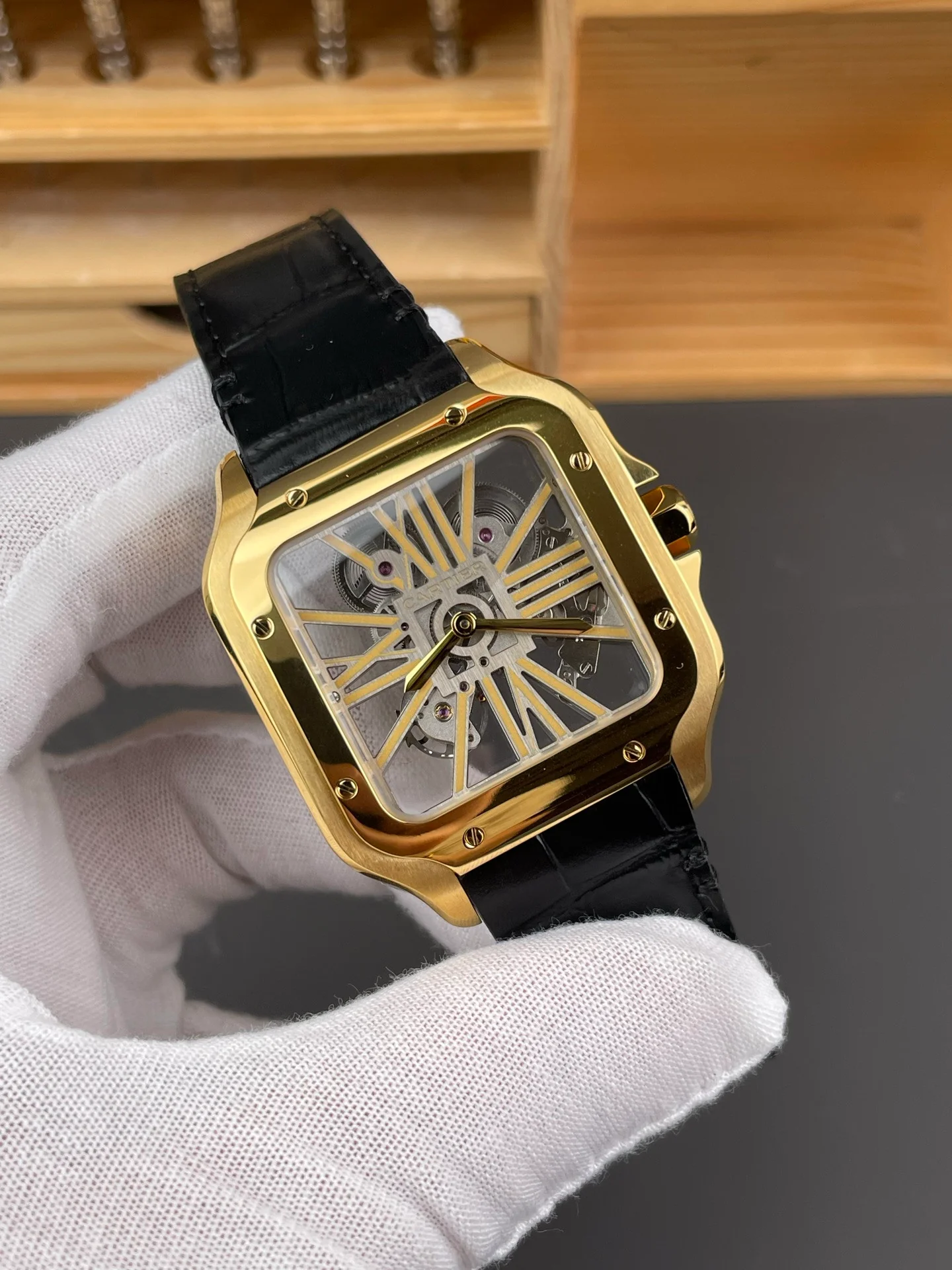 Santos Skeleton Series Leather Strap Gold Dial