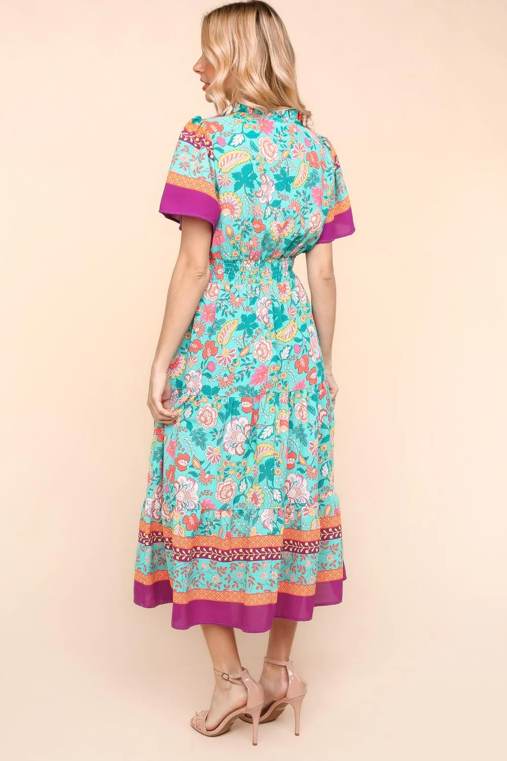 MAX FLORAL BORDER PRINT DRESS W/SIDE POCKETS