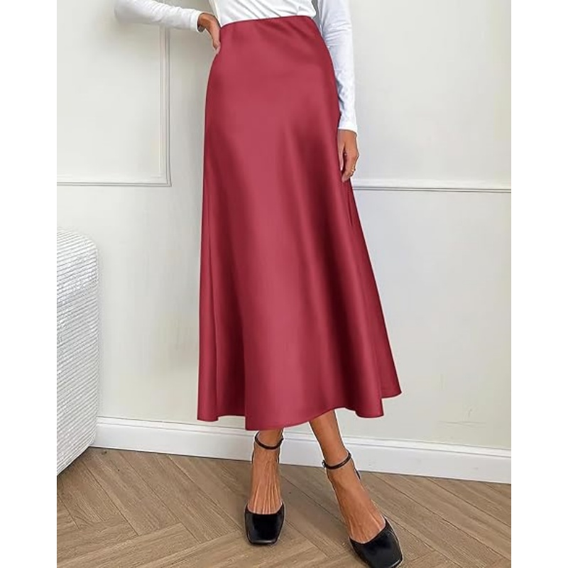 Women's Satin High Waist A‑Line Long Midi Skirt, 2026 Summer