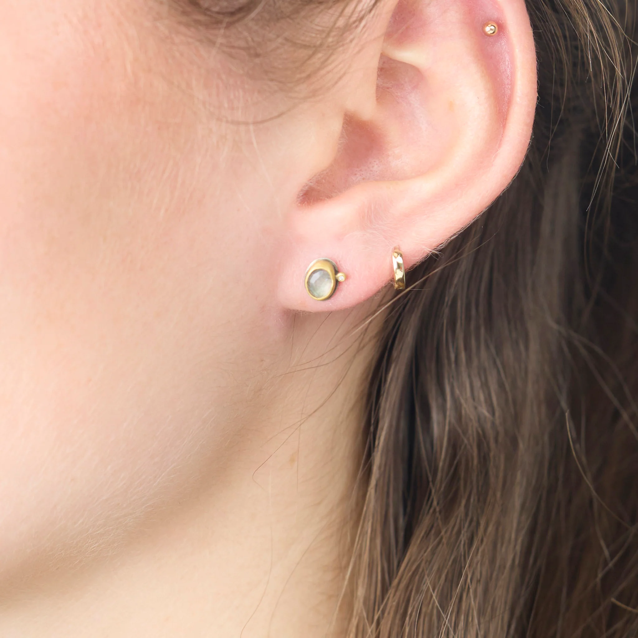 Labradorite Stud Earrings with Diamond Dot