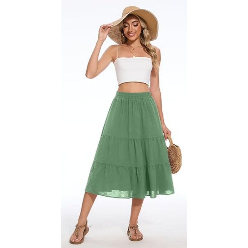 Women's Tiered Ruffle High Waist A‑Line Summer Midi Skirt