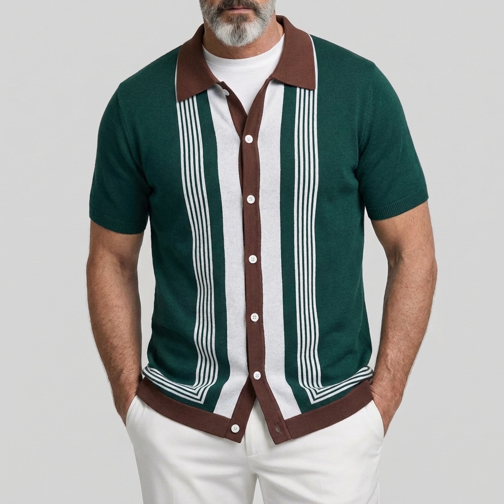 Men's Retro Contrast Striped Turndown Collar Single Breasted Short Sleeve Knit Shirt