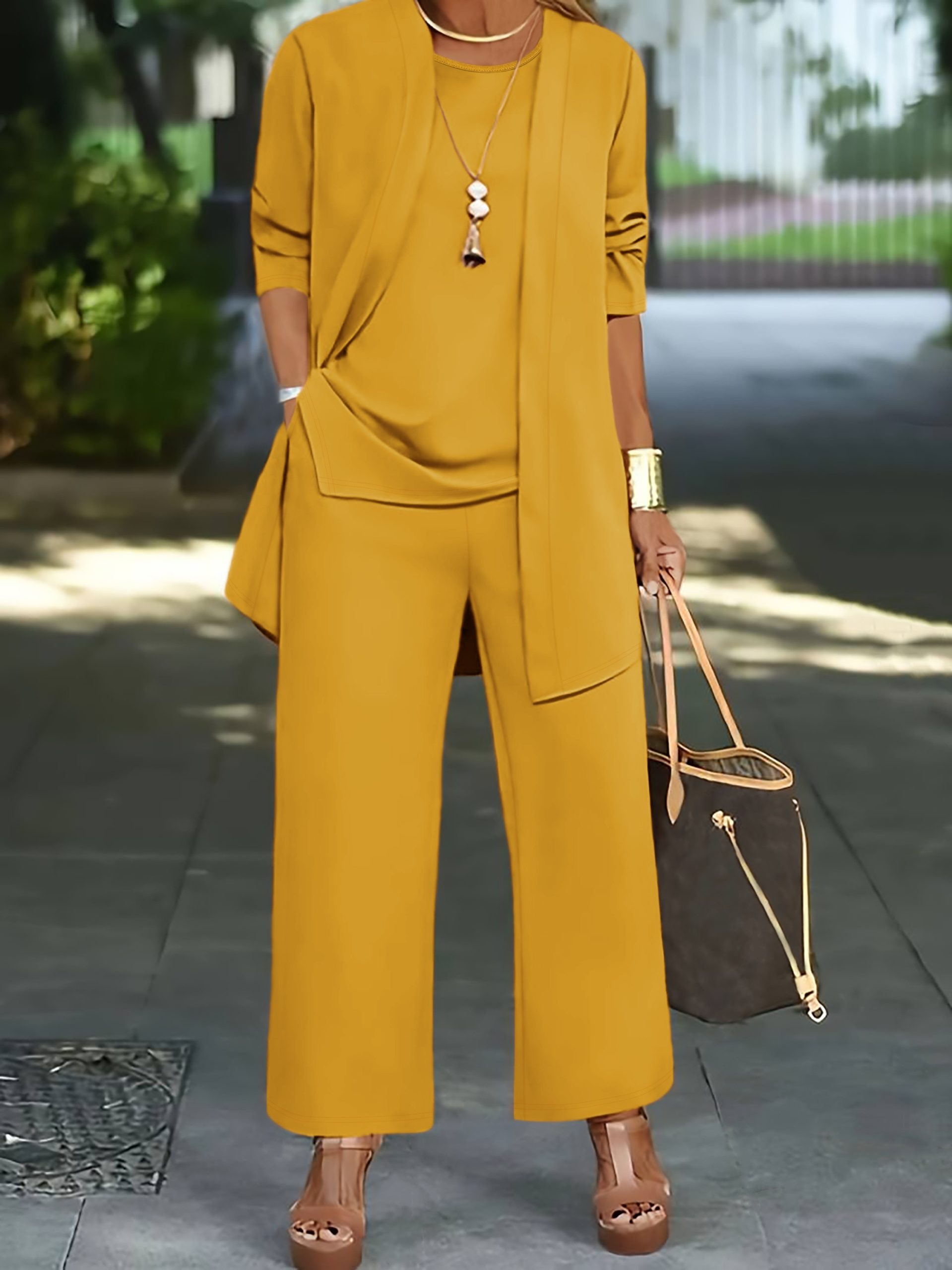 Plus Size Three-Piece Outfit Set – Soft Solid Color Open Front Top, Crew Neck Tank Top, and Comfortable Pants