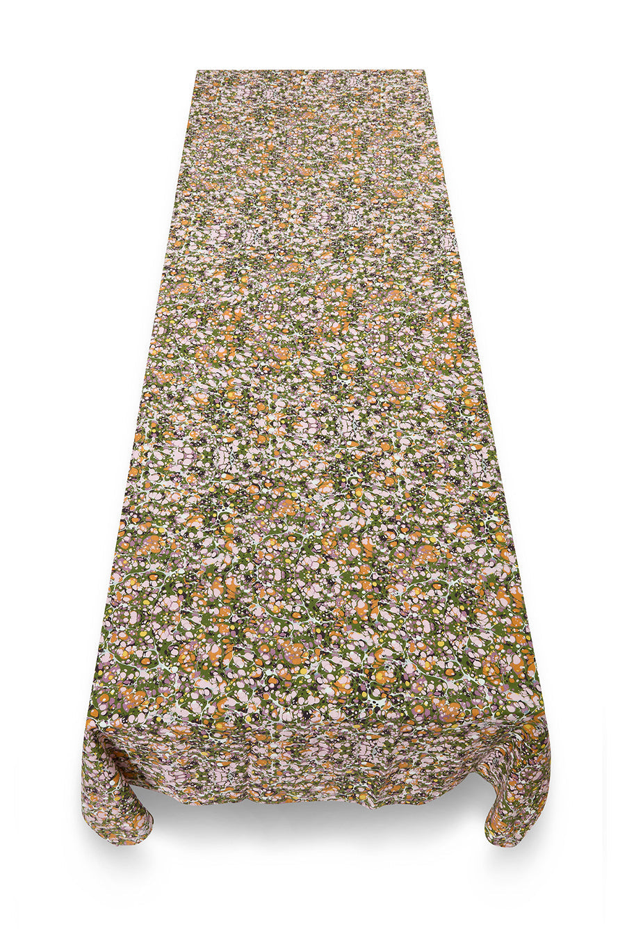 Marble Print Pure Linen Rectangular Tablecloth – Green, Rose Pink, and Orange