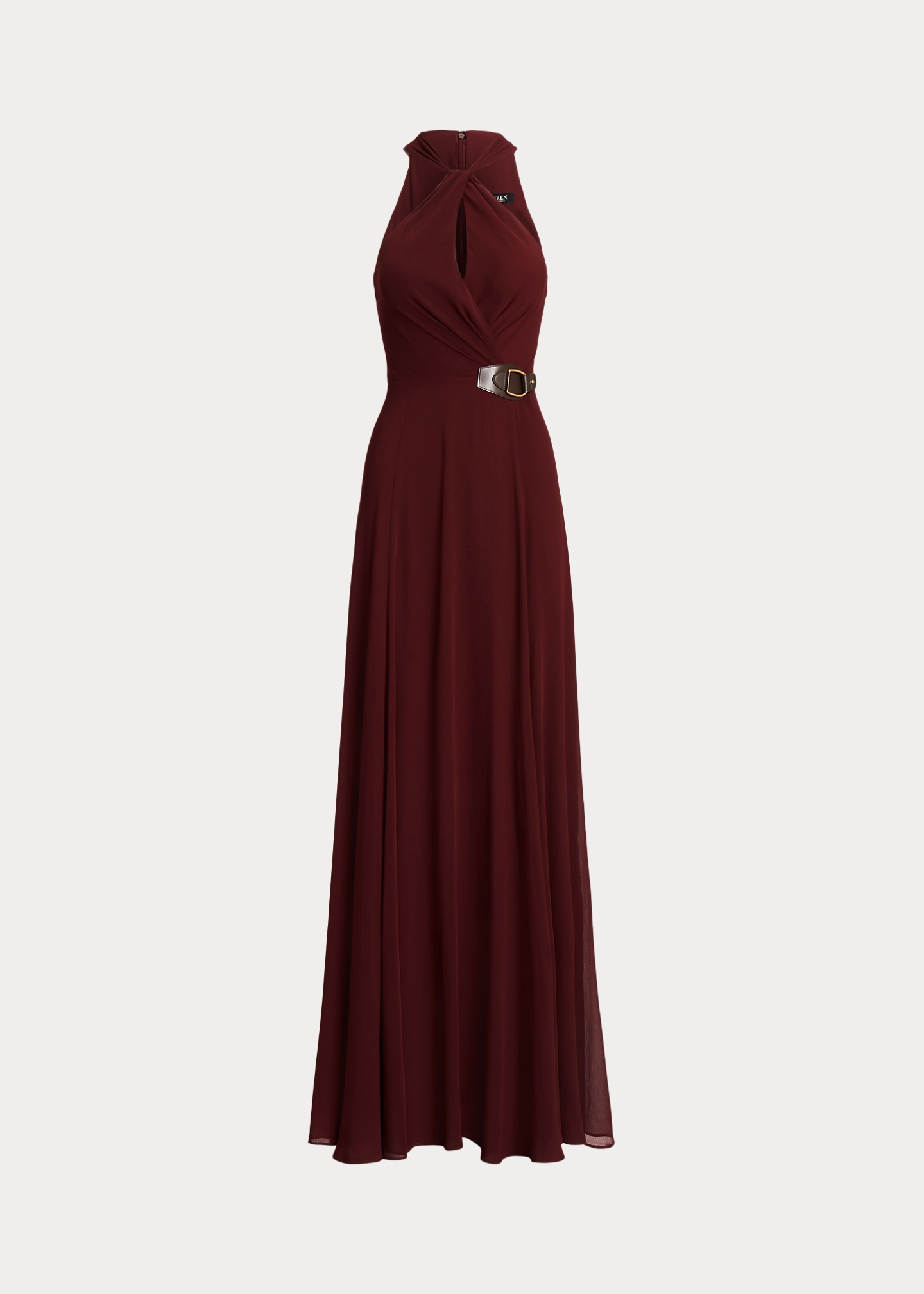 Buckle-Trim Georgette Halter Gown