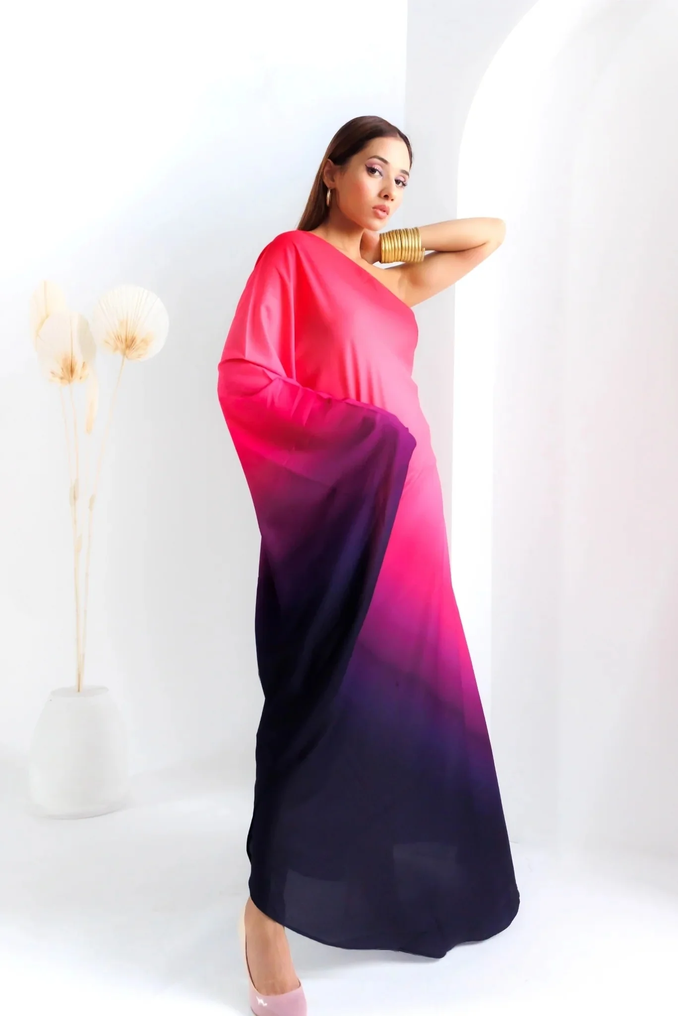 Ombre Fuchsia Off Shoulder Kaftan Dress