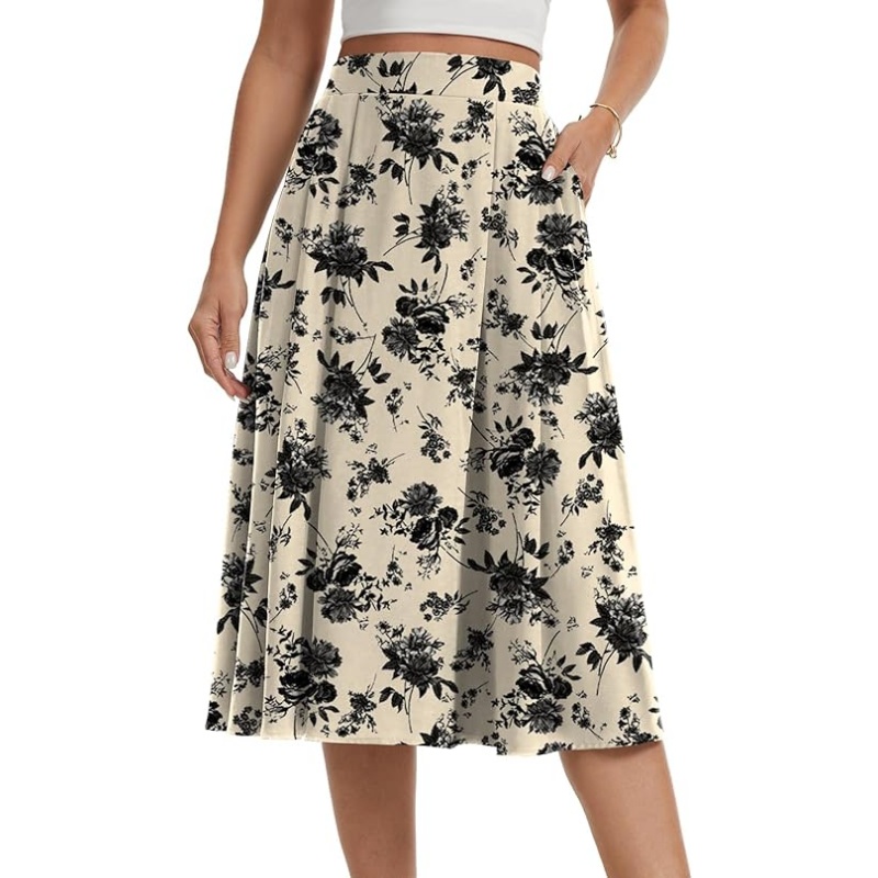 Women's Pleated High Waist A‑Line Midi Flowy Skirt with Pockets