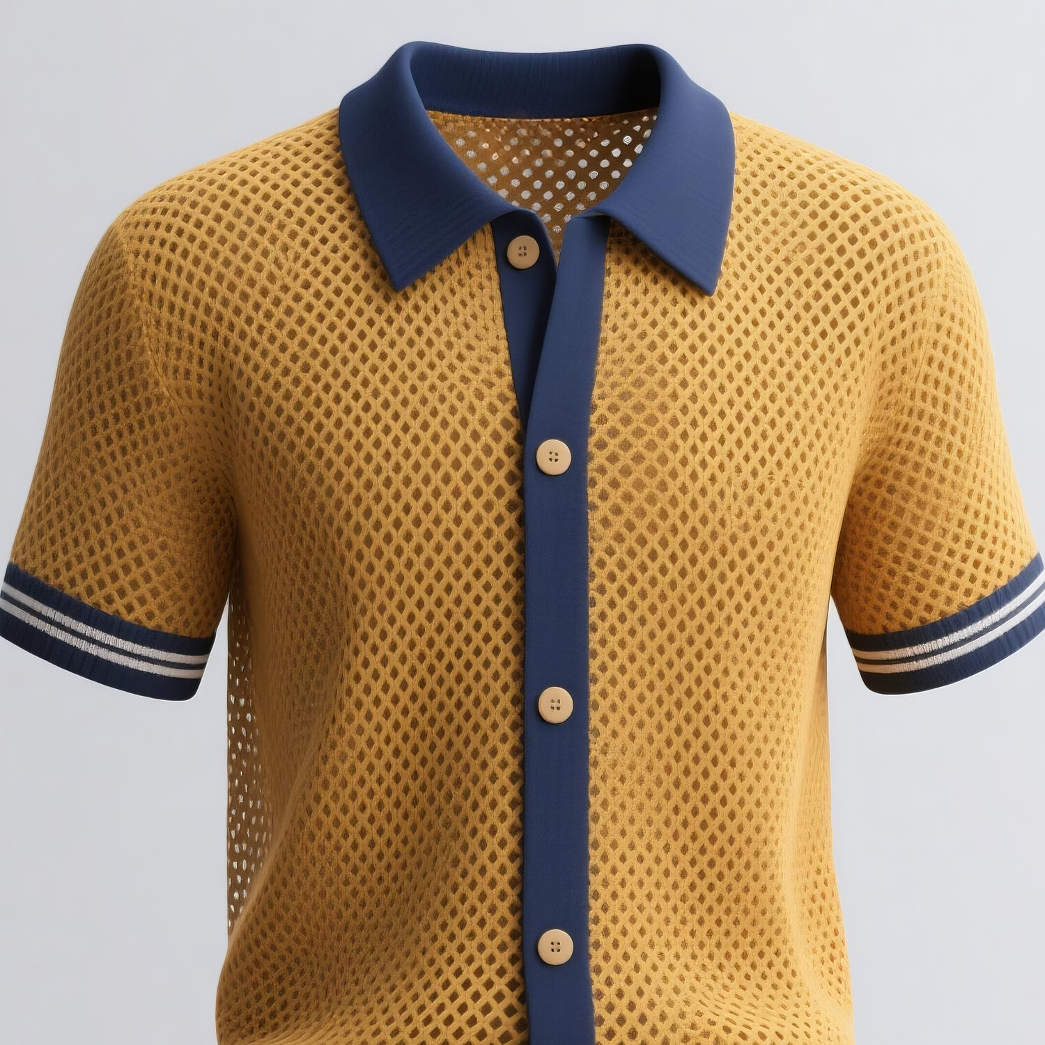 Men's Hollow Knit Contrast Color Stripe Turndown Collar Button Short Sleeve Shirt