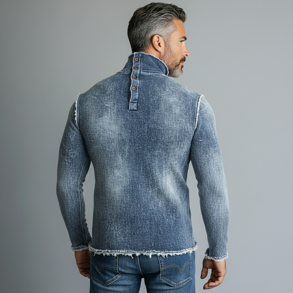 Men's Blue Distressed Denim High Neck Back Button Frayed Edges Long Sleeve Top