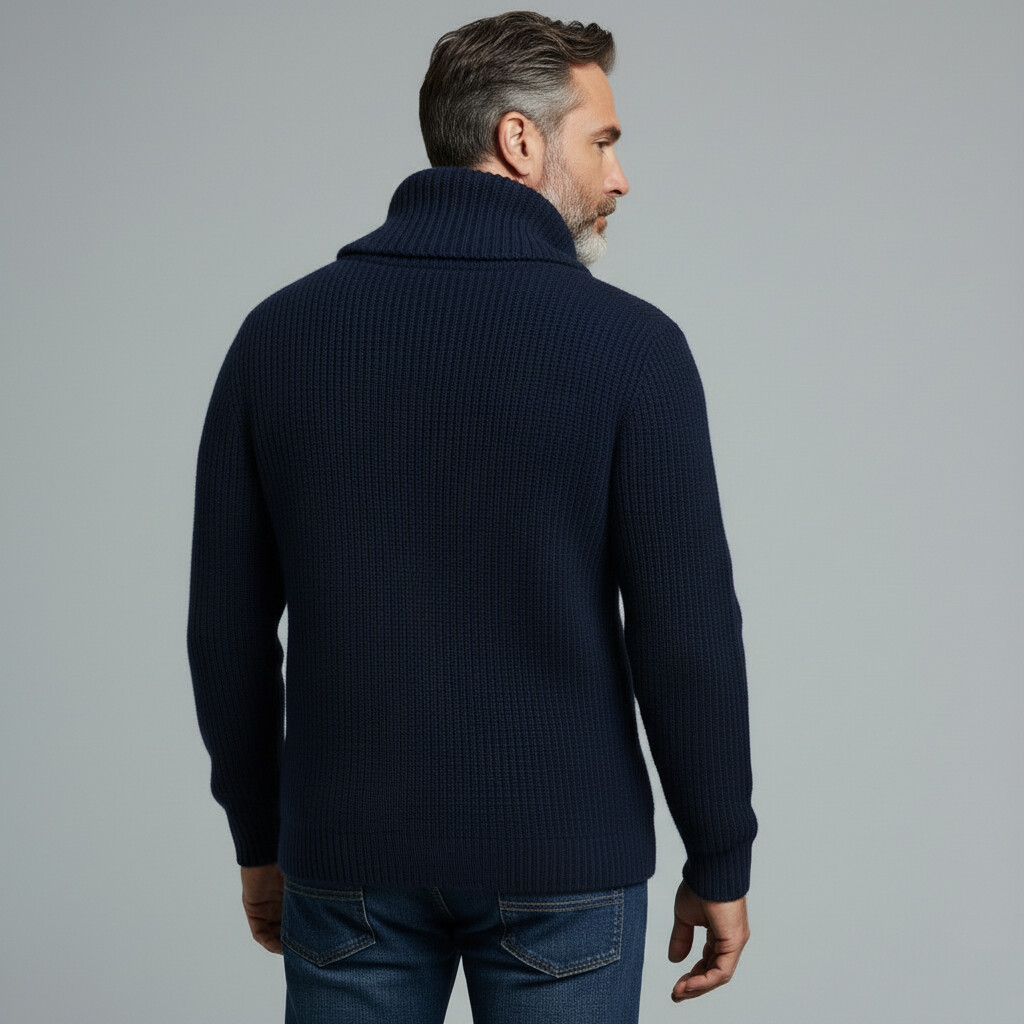 Men's Navy Blue High Neck Long Sleeve Asymmetrical Button Ribbed Knit Sweater Cardigan