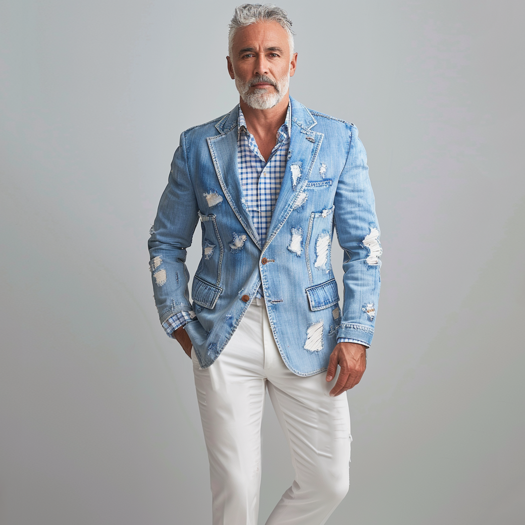 Men's Notched Lapel Two Button Ripped Denim Blazer