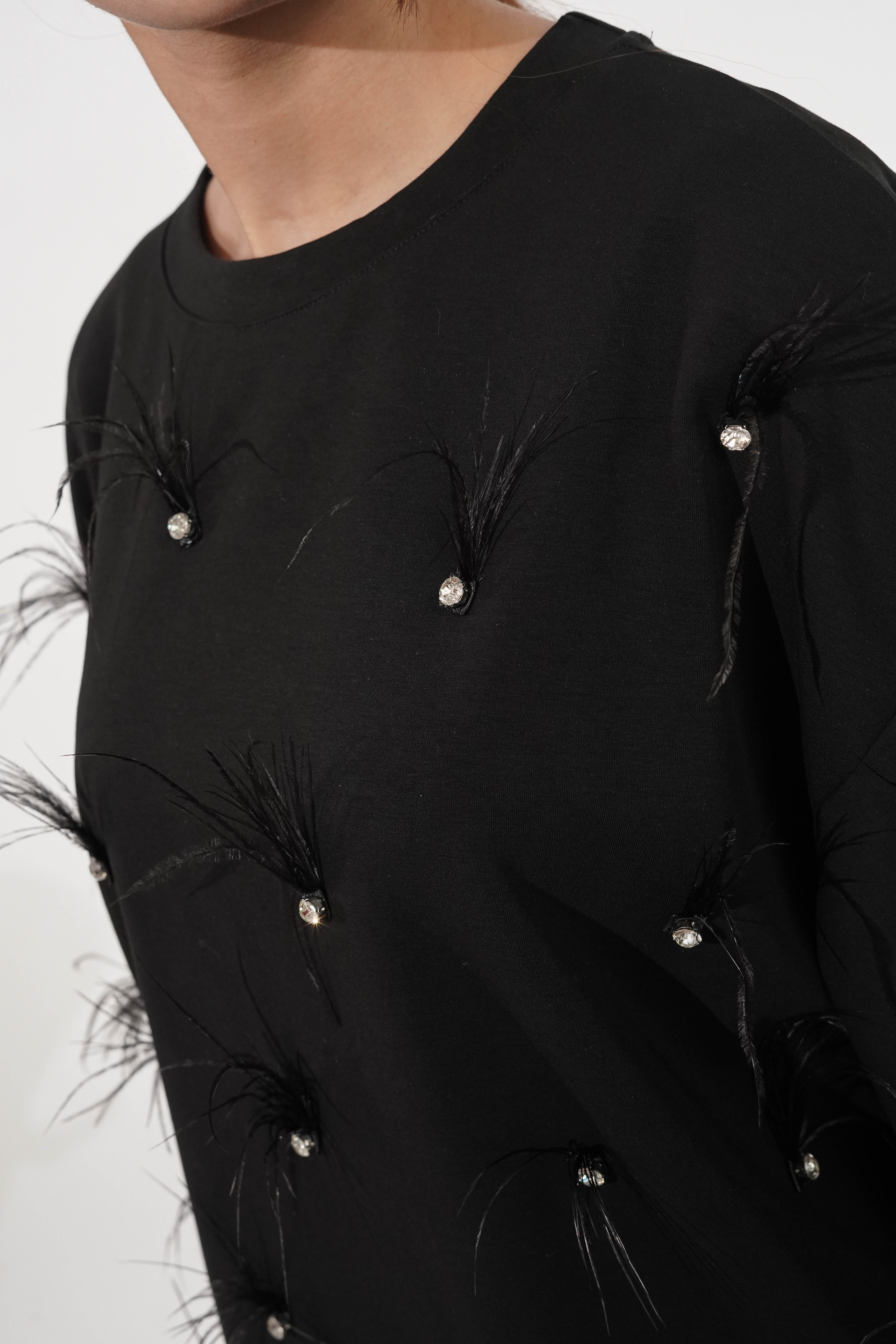 Black Feathered Rhinestone T-shirt