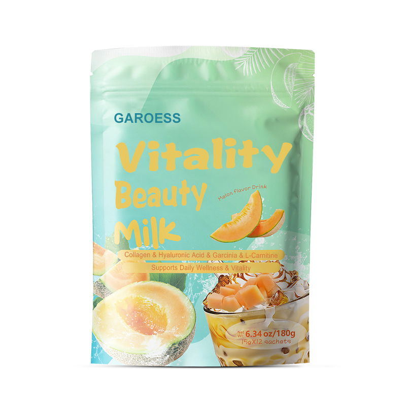 Vitality Beauty Milk - Natural Melon Flavor Supplement, Contains Hydrolyzed Marine Collagen, Reduced L-Glutathione, Hyaluronic Acid, Green Tea Extract, Garcinia Cambogia, and Probiotics, Concentrated Formula, Supports Easy Absorption, Individually Pa