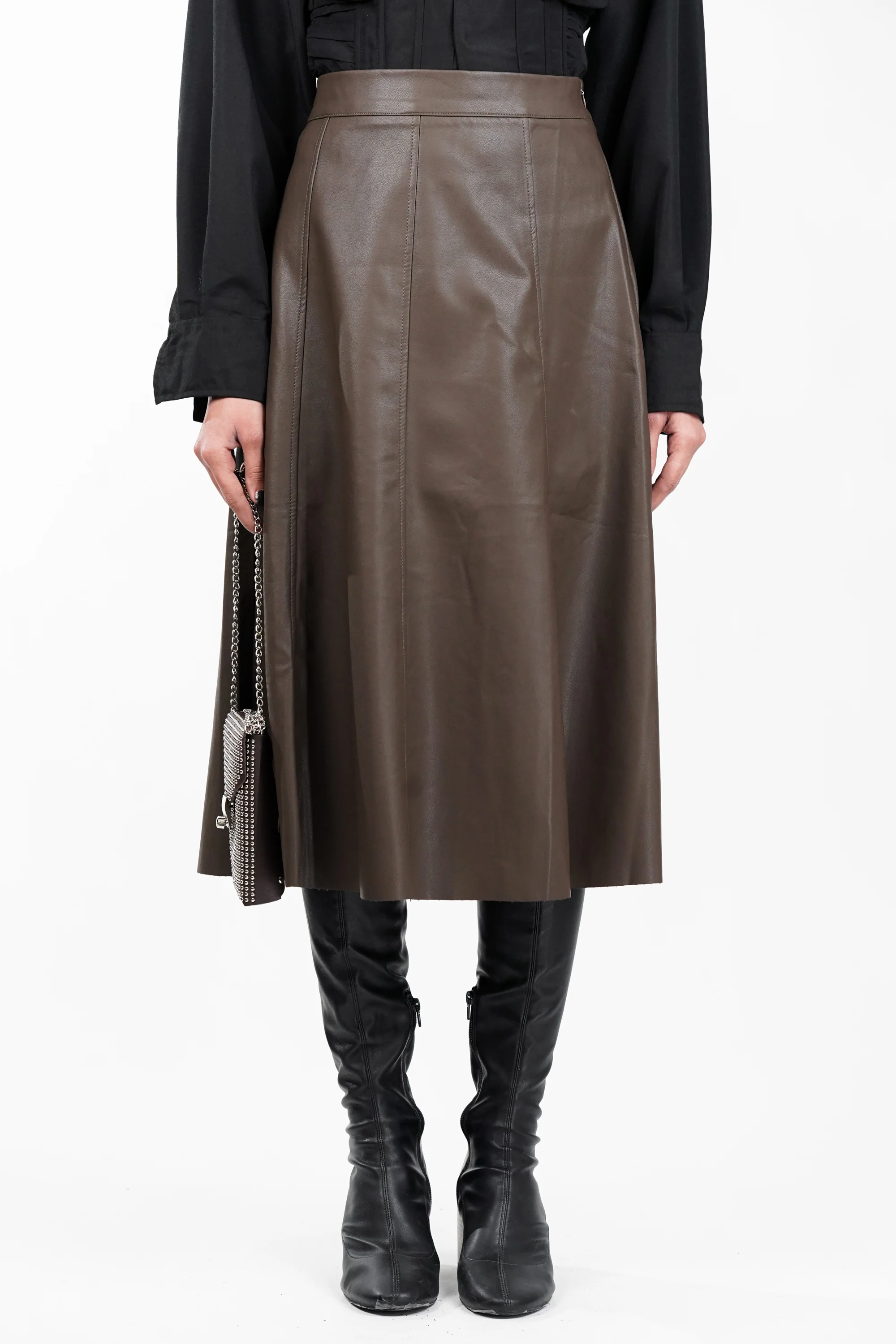 Brown Panelled Edge Leather Skirt