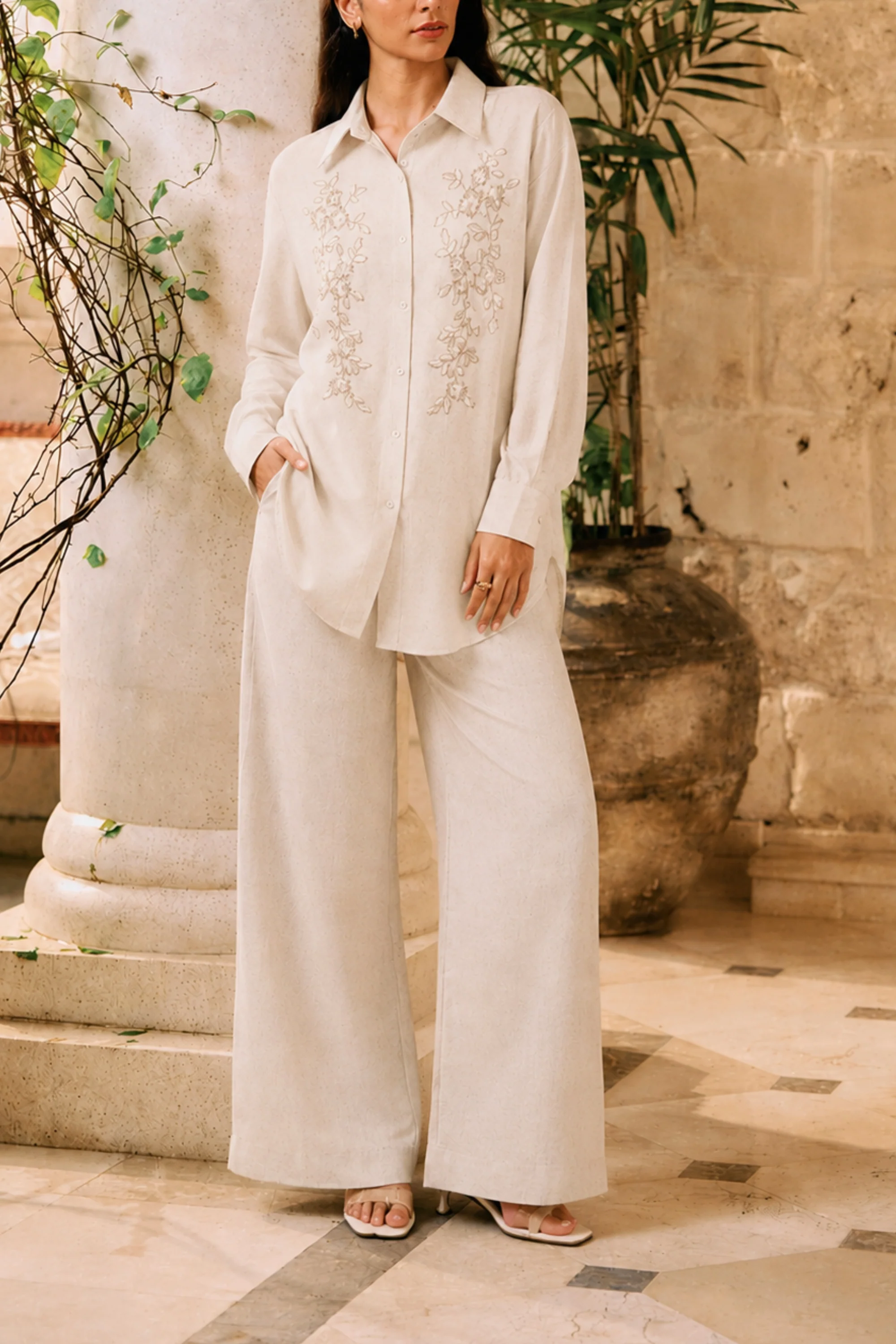 Pale Oak Embroidered Linen Co-ord set