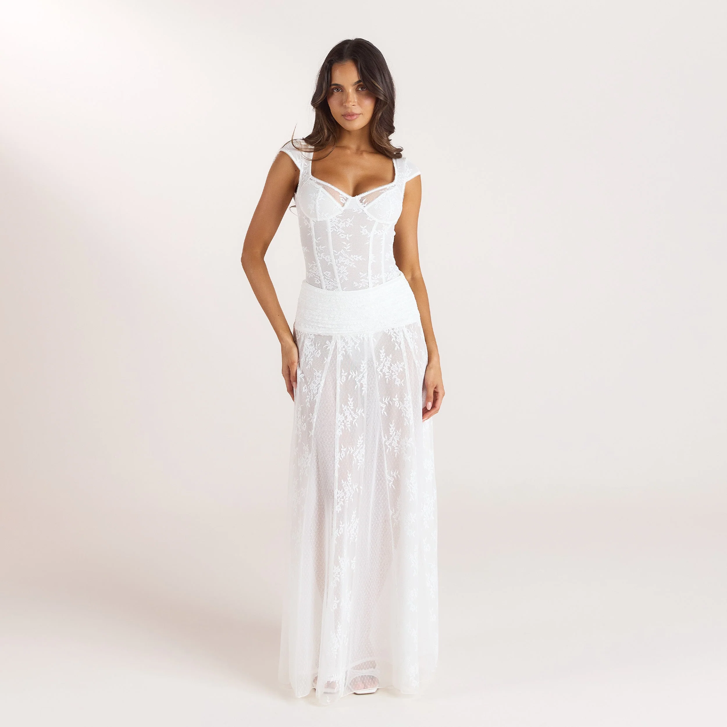 Cap-Sleeve Lace Bodysuit - White