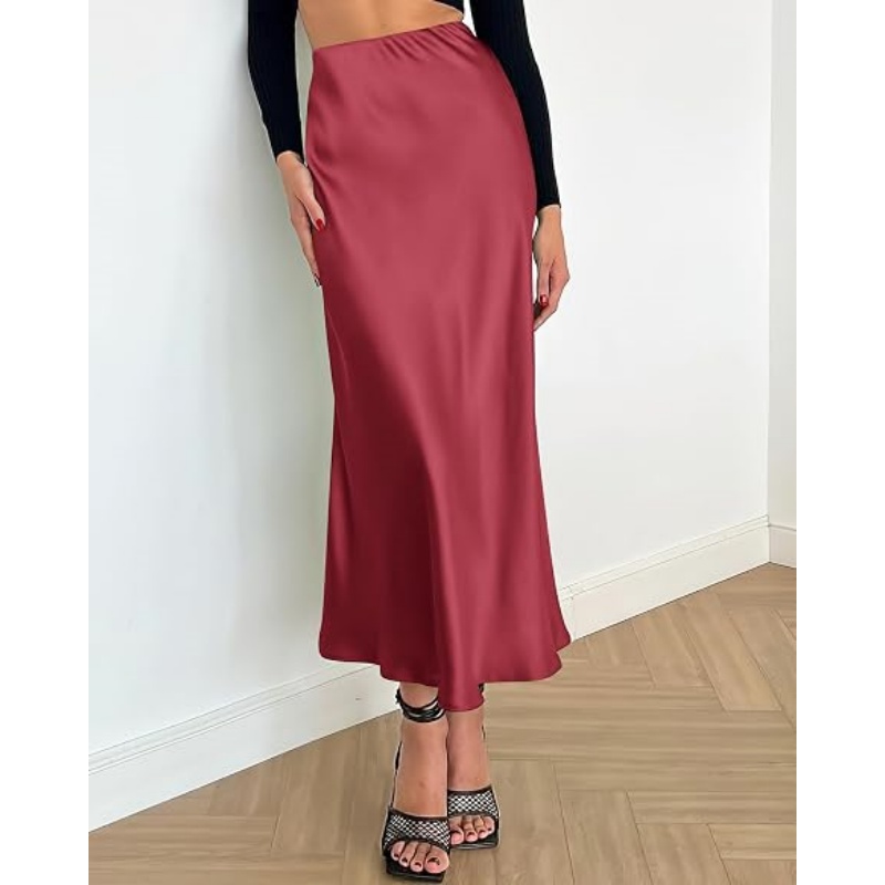 Women's Satin High Waist A‑Line Long Midi Skirt, 2026 Summer