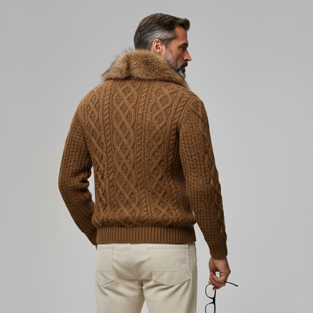 Men's Brown Fur Collar Double Breasted Long Sleeve Patch Pocket Cable Knit Sweater Cardigan