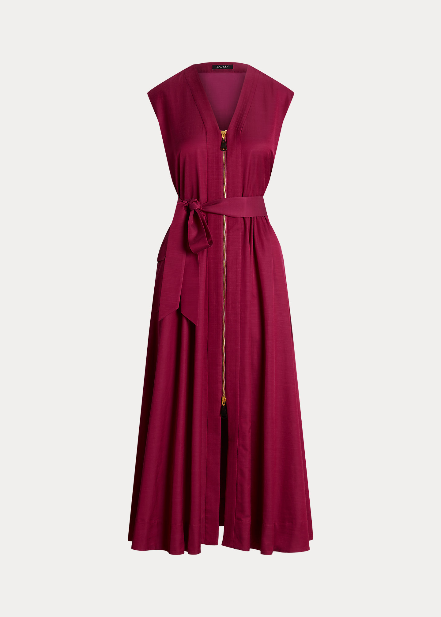 Belted Shantung Cap-Sleeve Dress