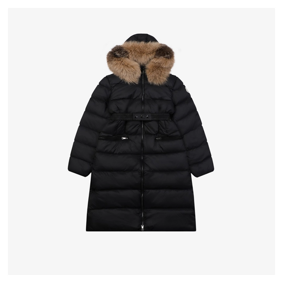 Mxxcler Boedic Belted Fur-Trim Hooded Long Down Jacket (White/Black)