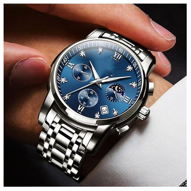 KINDWIN Men's watch, diamond-encrusted, business/formal style, quartz movement, stainless steel material, waterproof, luminous display, date display, two-tone strap, luxury casual wristwatch.