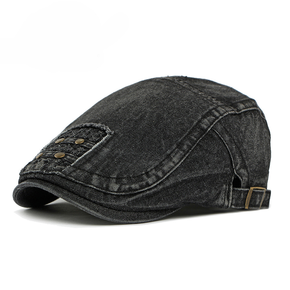 Men's Dark Blue Washed Denim Studded Adjustable Metal Buckle Flat Cap
