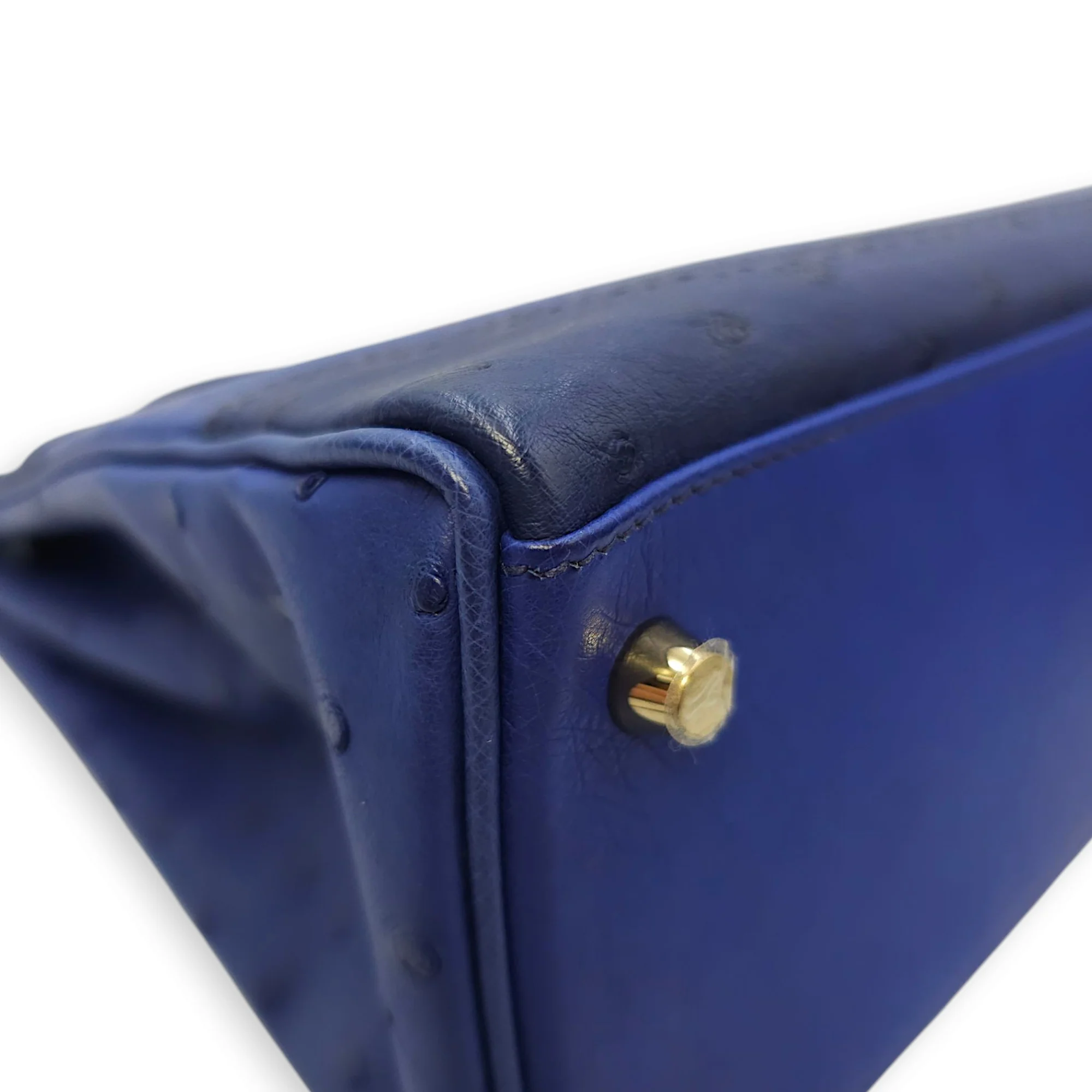 Kelly 32 Blue Sapphire/Blue Iris/Blue de Malte in Ostrich, Permabrass hardware