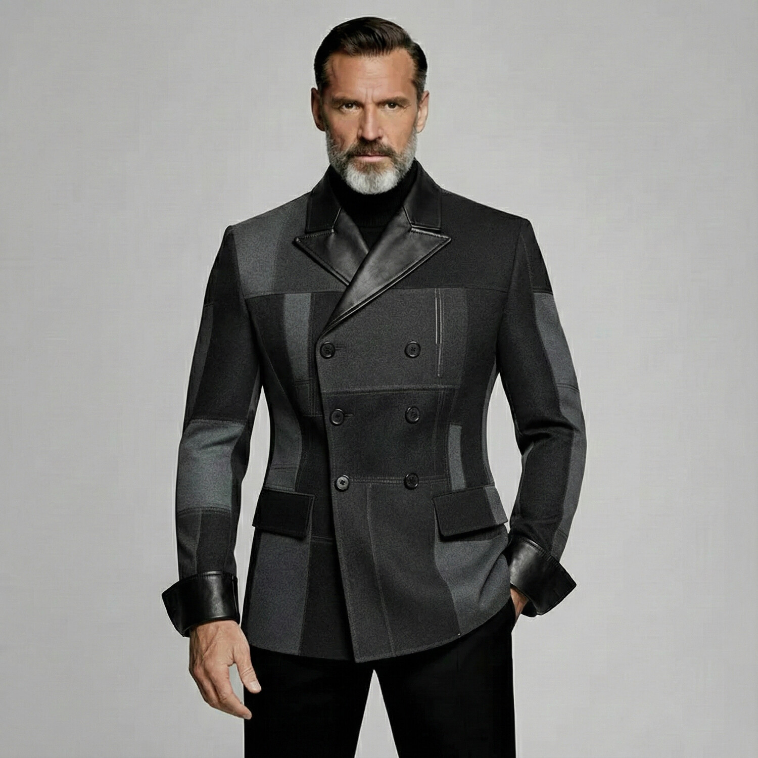 Men's Colorblock Patchwork PU Peak Lapel Long Sleeve Double Breasted Pockets Blazers