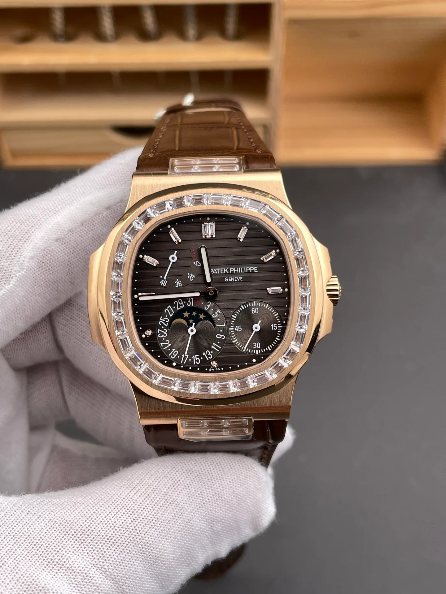 Nautilus 5724 with Baguette Diamond Bezel, Rose Gold Dark Brown Dial