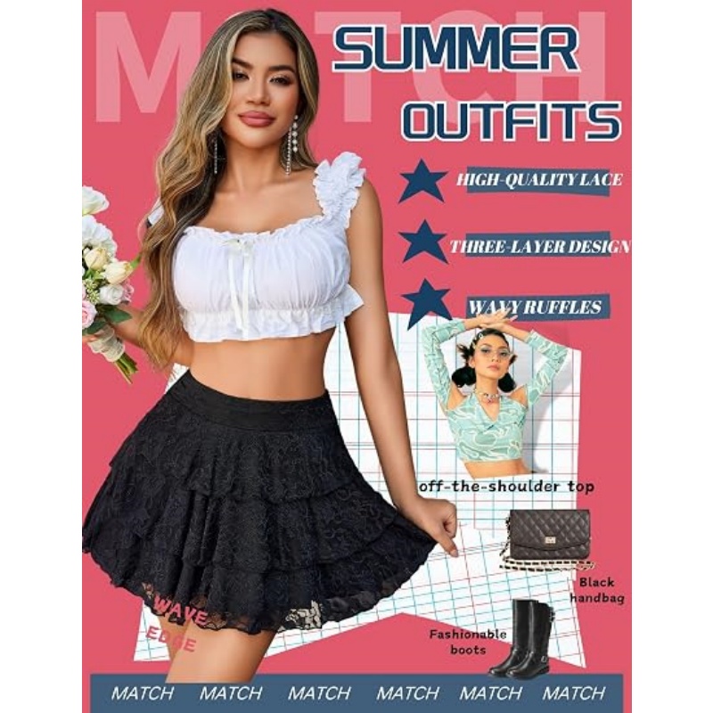 Women's Lace Ruffles High Waisted Pleated A‑Line Mini Skirt