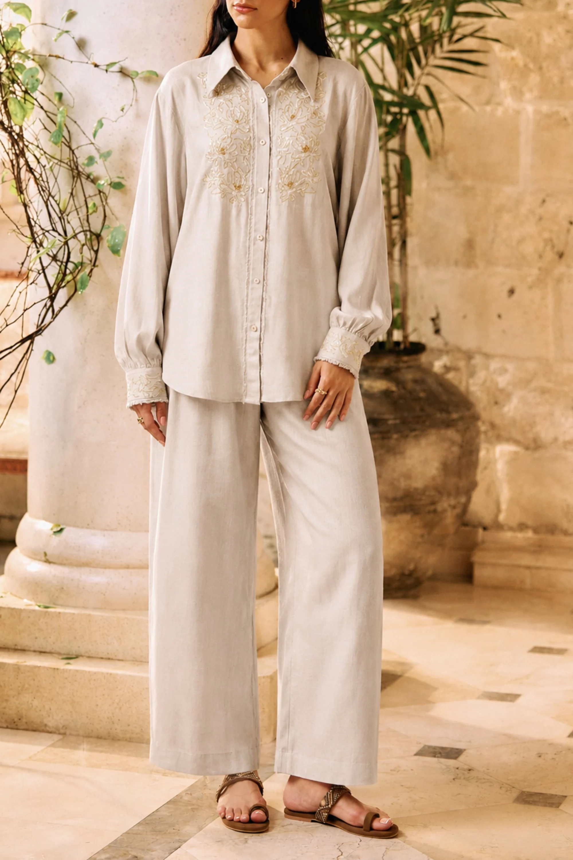 Beige & Gold Embroidered Linen Co-ord Set