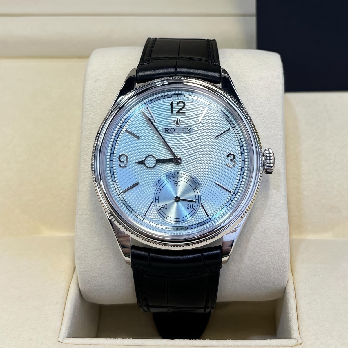 [2026 Mirror Grade]Rolex 1908 Platinum Ice Blue Dial Black Alligator Strap - 52506-0003