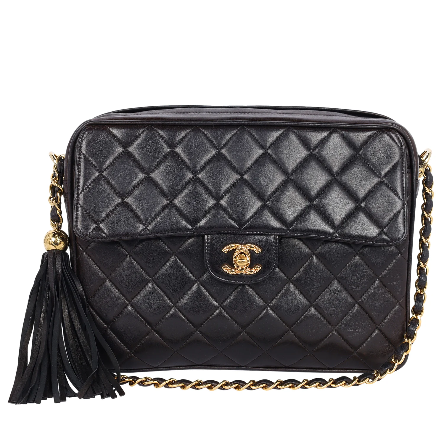 Lambskin Quilted Tassel Camera Case Black Medium Black