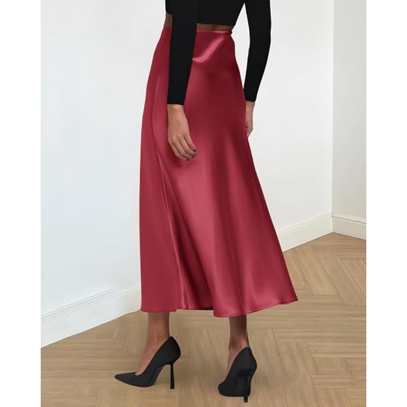 Women's Satin High Waist A‑Line Long Midi Skirt, 2026 Summer