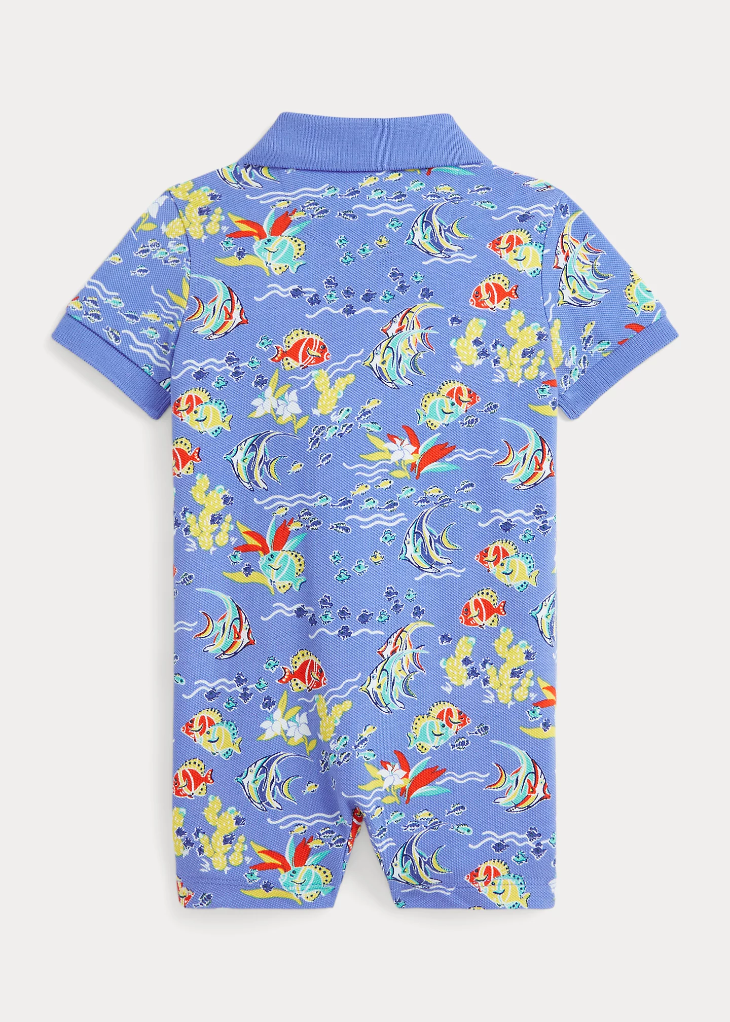 Fish-Print Cotton Mesh Polo Shortall