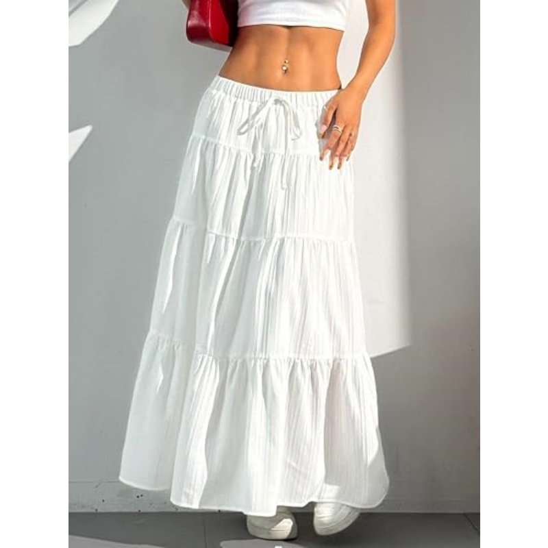 Women's Boho Flowy White High Waist Maxi Skirt with Ruffle & Elastic Waist