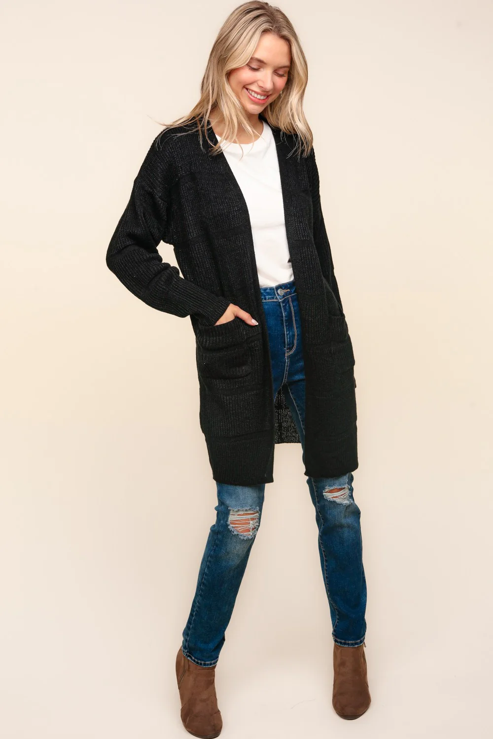 BLACK STRIPE TEXTURED OPEN CARDIGAN WITH POCKETS