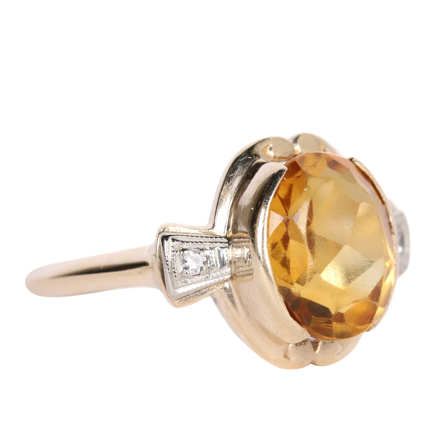 10k Citrine Large solitaire with Diamonds Ring