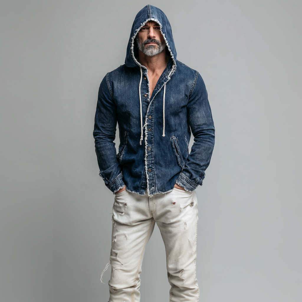 Men's Casual Raw Edge Denim Long Sleeve Pockets Drawstring Hooded Jacket