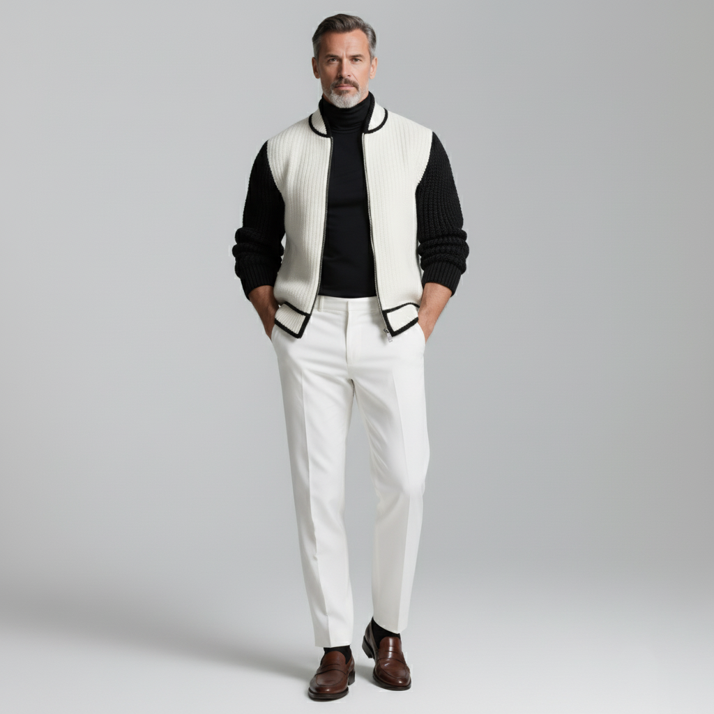 Men's Black And White Contrast Ribbed Knit Stand Collar Long Sleeve Zipper Sweater Cardigans