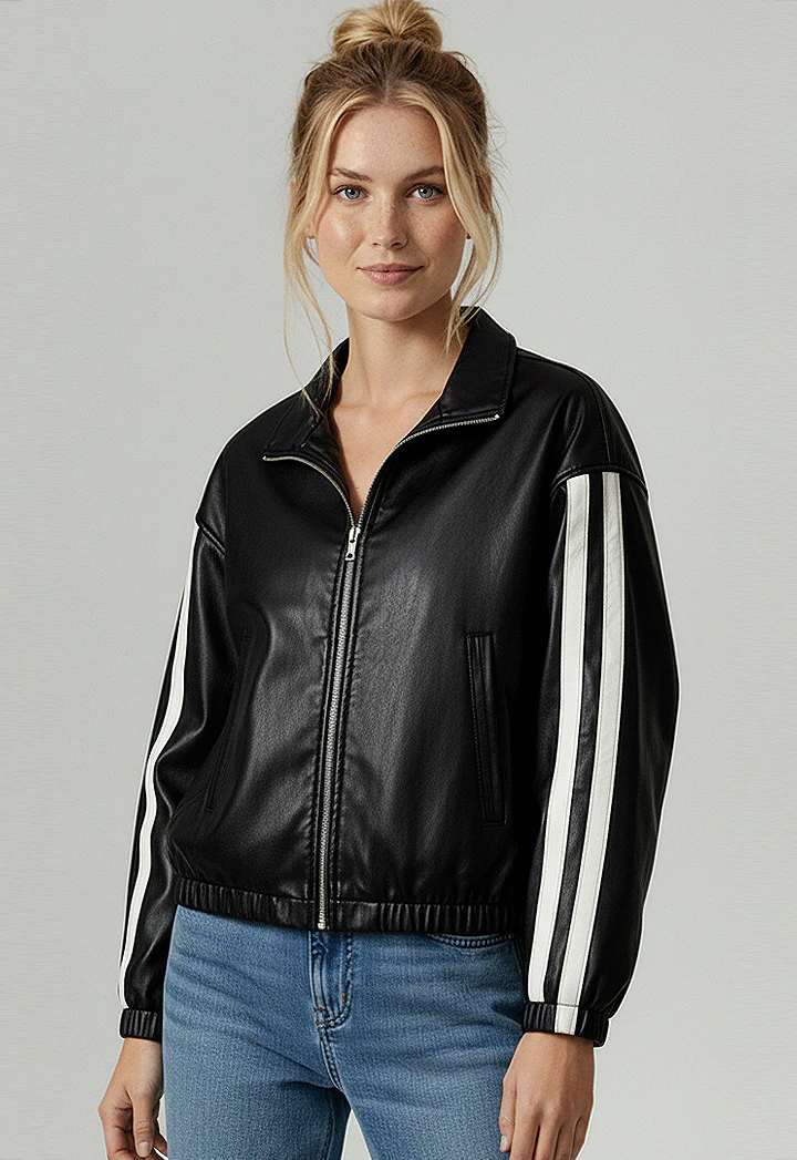 FAUX LEATHER COLOR BLOCK HIGH NECK ZIP JACKET